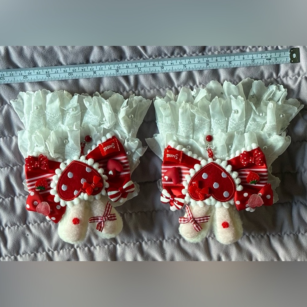 Red Heart Bow Lace Wrist Cuffs